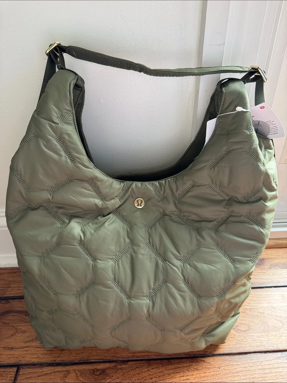 NWT Lululemon Quilty Pleasures Shoulder Bag 14L Bay Leaf Gold Metal Quilted Hobo